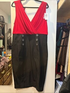 torrid Red and Black Sleeveless Wrap-Top Midi Dress with Button Accent